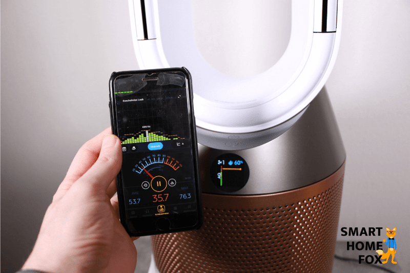 Смартфон показывает чуть менее 36 децибел при измерении уровня шума, Dyson Purifier Humidify+Cool PH04 находится на заднем плане и работает на уровне 1.